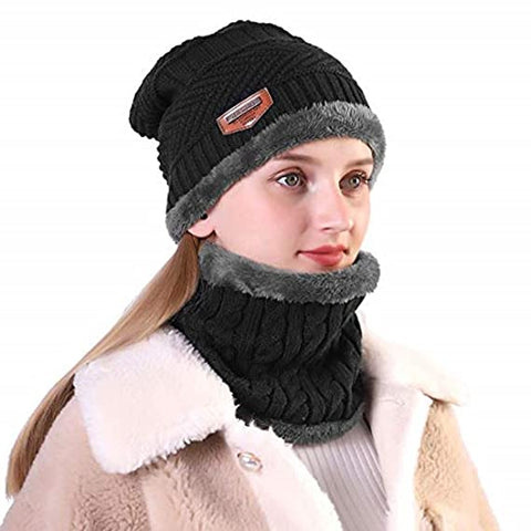Complete Set 2 pcs Wool Textured Cap & Neck Warmer