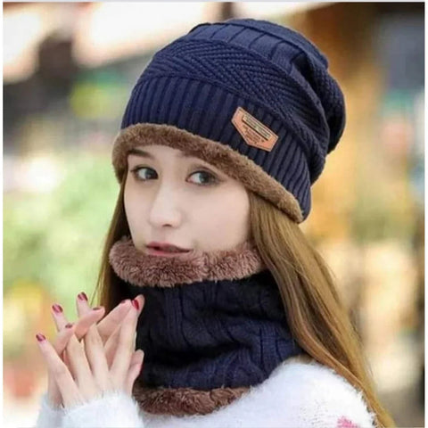 Complete Set 2 pcs Wool Textured Cap & Neck Warmer