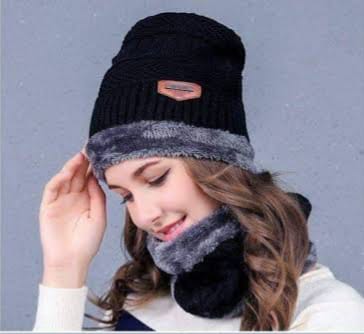 Complete Set 2 pcs Wool Textured Cap & Neck Warmer
