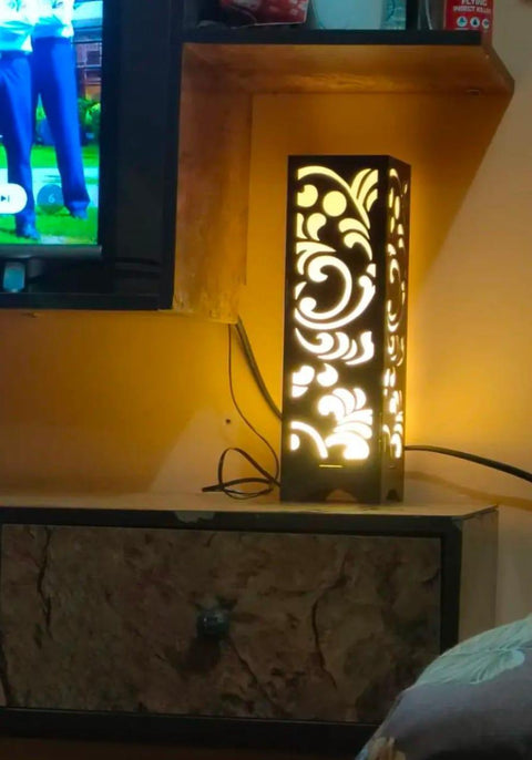 Wooden Table  Lamp with Floral Design