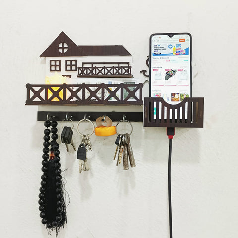 Sweet Home Wooden Key and Mobile Holder with Charging Stand